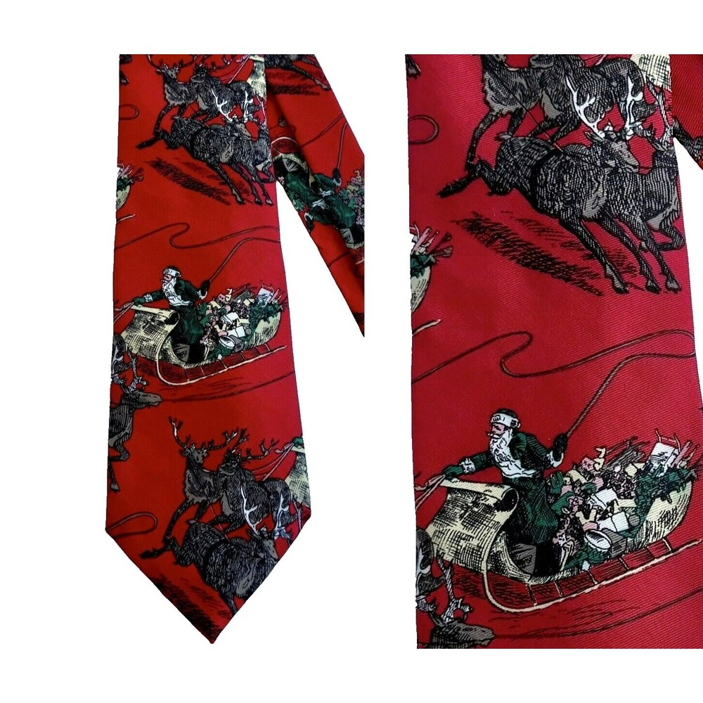 Vintage Ferrell Reed Red Christmas Night Santa Reindeer Silk Necktie Italy